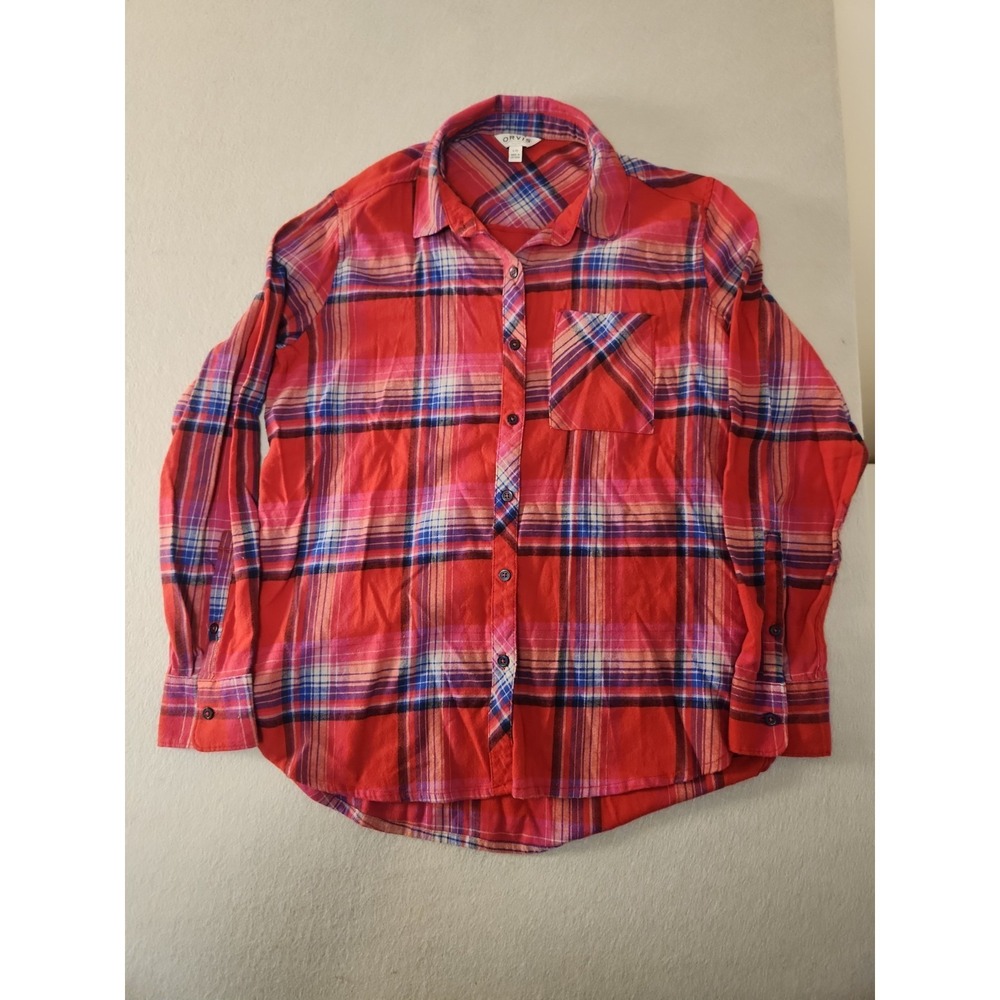 Orvis Red Blue Plaid Flannel Shirt Long Sleeve Top Large Button Down Womens